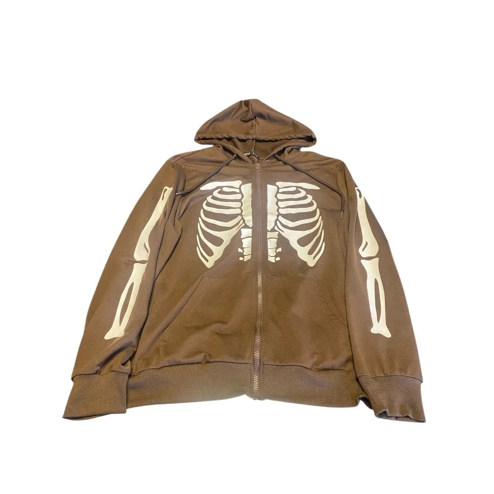 ROMWE Brown Skeleton Rib Cage Zip Up Hoodie Jacket Long Sleeve‎ Size M